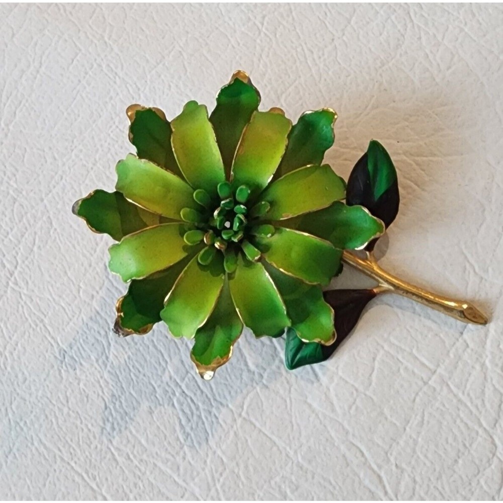Vintage 1950-60s 2-Tone Green Enamel Layered Metal Huge Flower Brooch Pin 4" - Picture 1 of 6